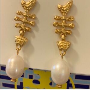 Tory Burch gold Mermaid tail bone drop pearl earrings